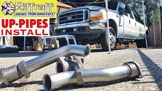 2001 F350 73  RiffRaff UpPipes Install  Stock up pipes leaking and falling apart JUNK SP [upl. by Sosna]